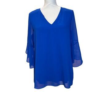 Calvin Klein Royal Blue Chiffon Blouse Women's 3/4 Ruffle Sleeve Size Medium